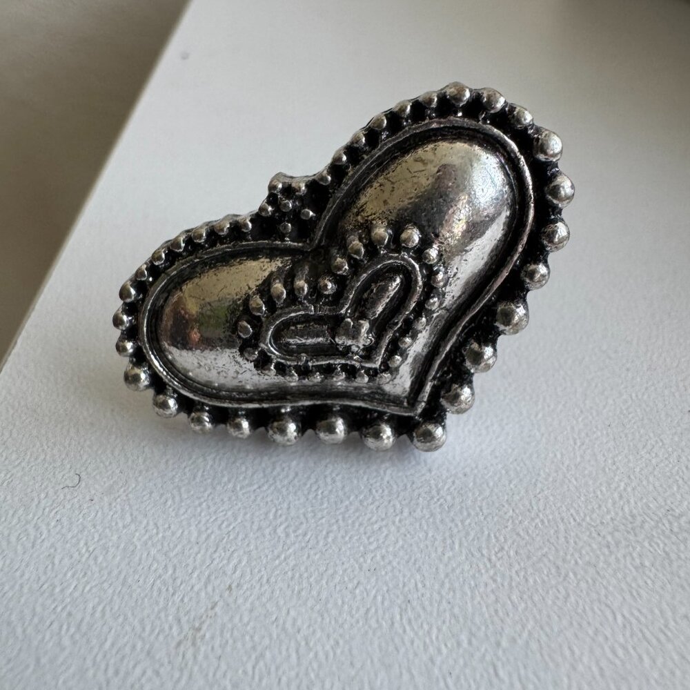 Silver Tone Heart Statement Ring Adjustable Antique Finish - Picture 3 of 5